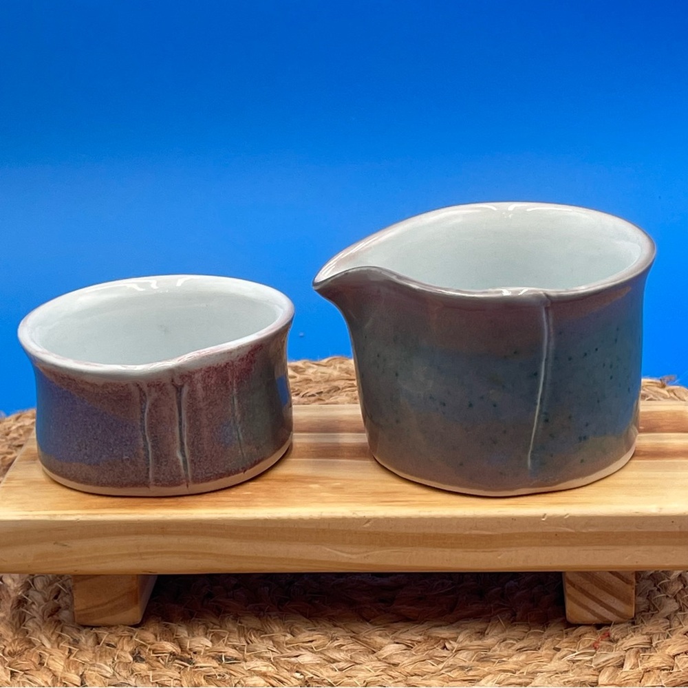 Studio Art Pottery Creamer Sugar Set primitive Minimalism Signed Mackey